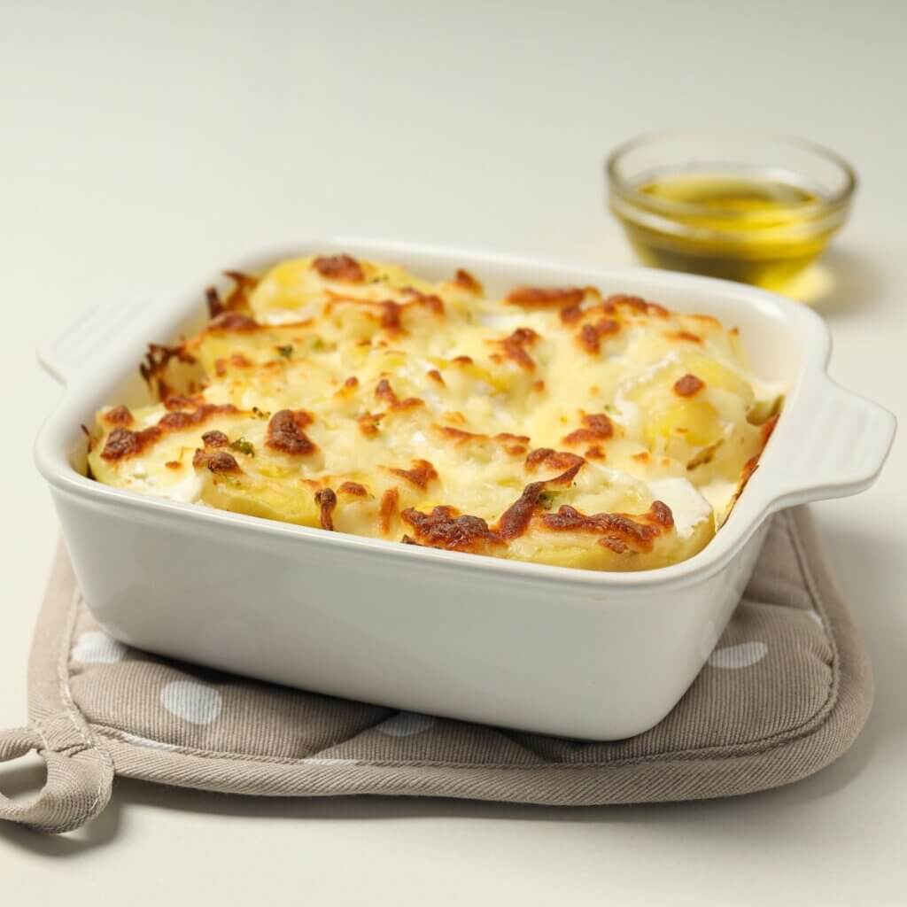 Gratinated saithe with leek, cauliflower and potato slices
