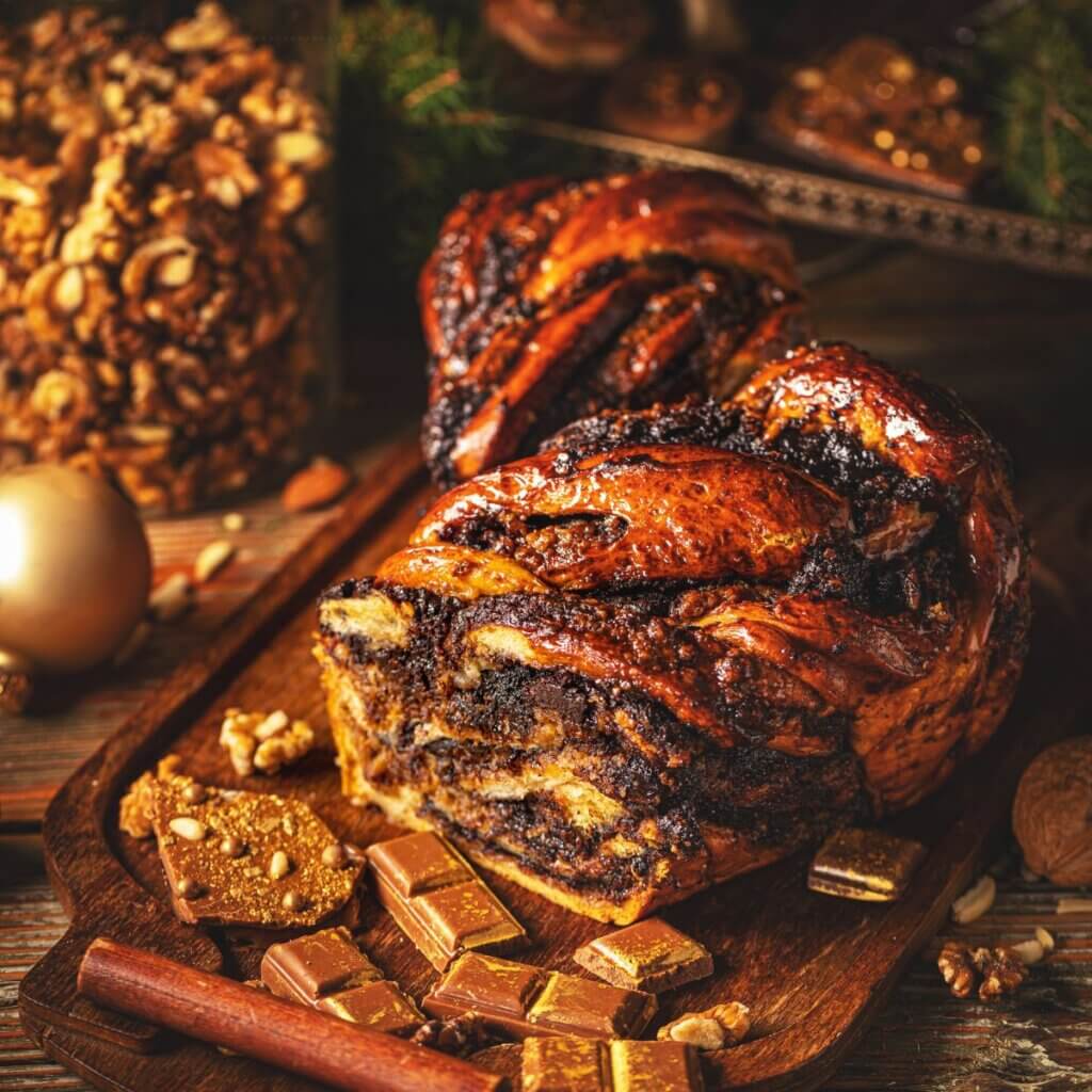 Soft fluffy chocolate babka with twisted dough