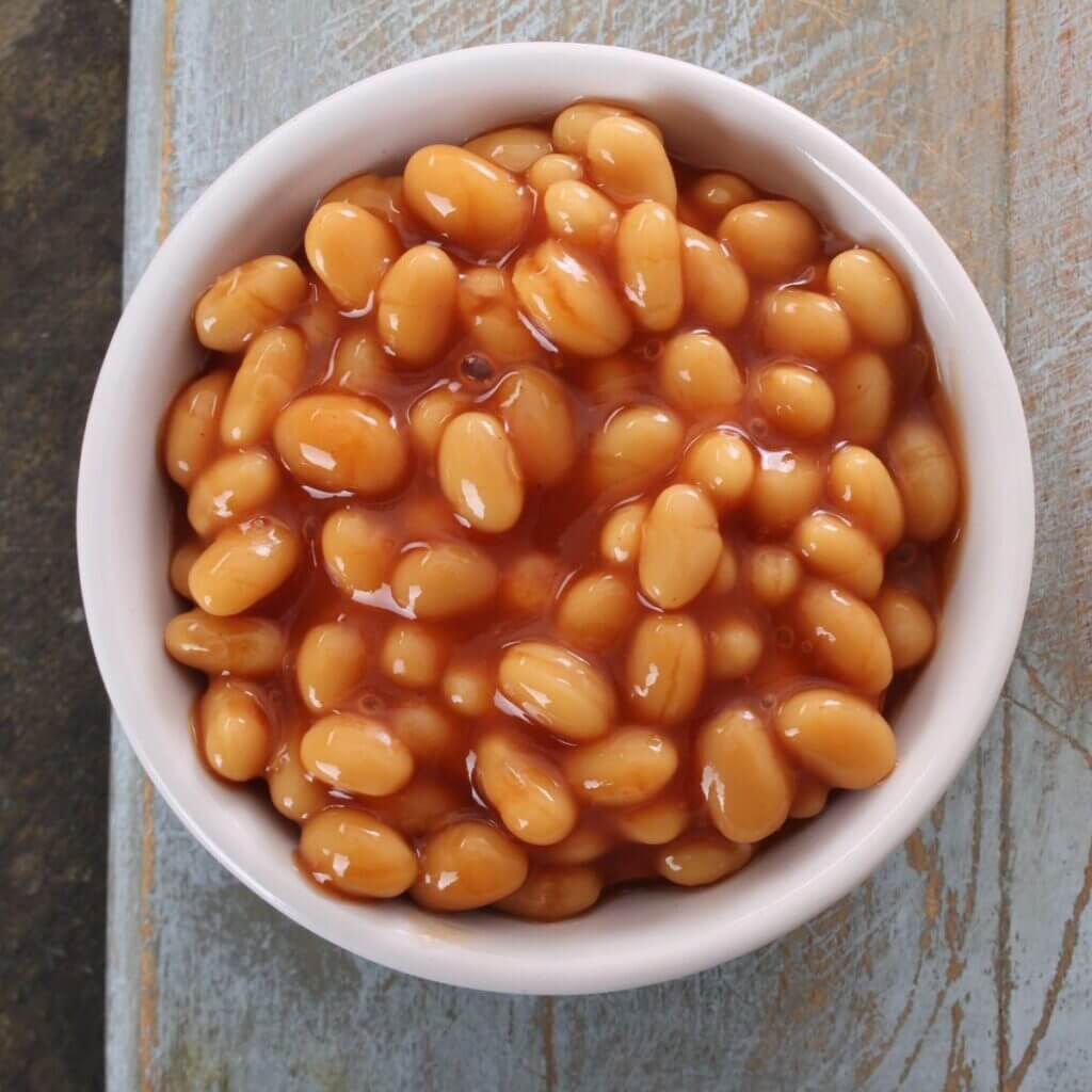 Baked beans in tomato sauce, a classic English brunch