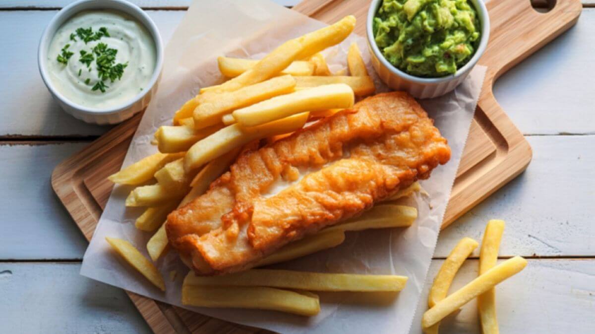 Crispy fish and chips served with tartar sauce