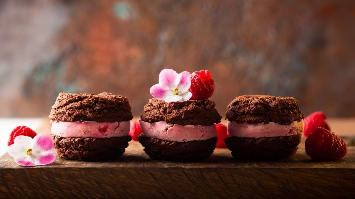 Brownie ice cream sandwich with raspberry ice cream filling