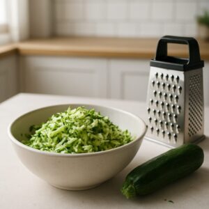 Groftrevet zucchini med salt i en lys skål til zucchinifritter i min airfryer