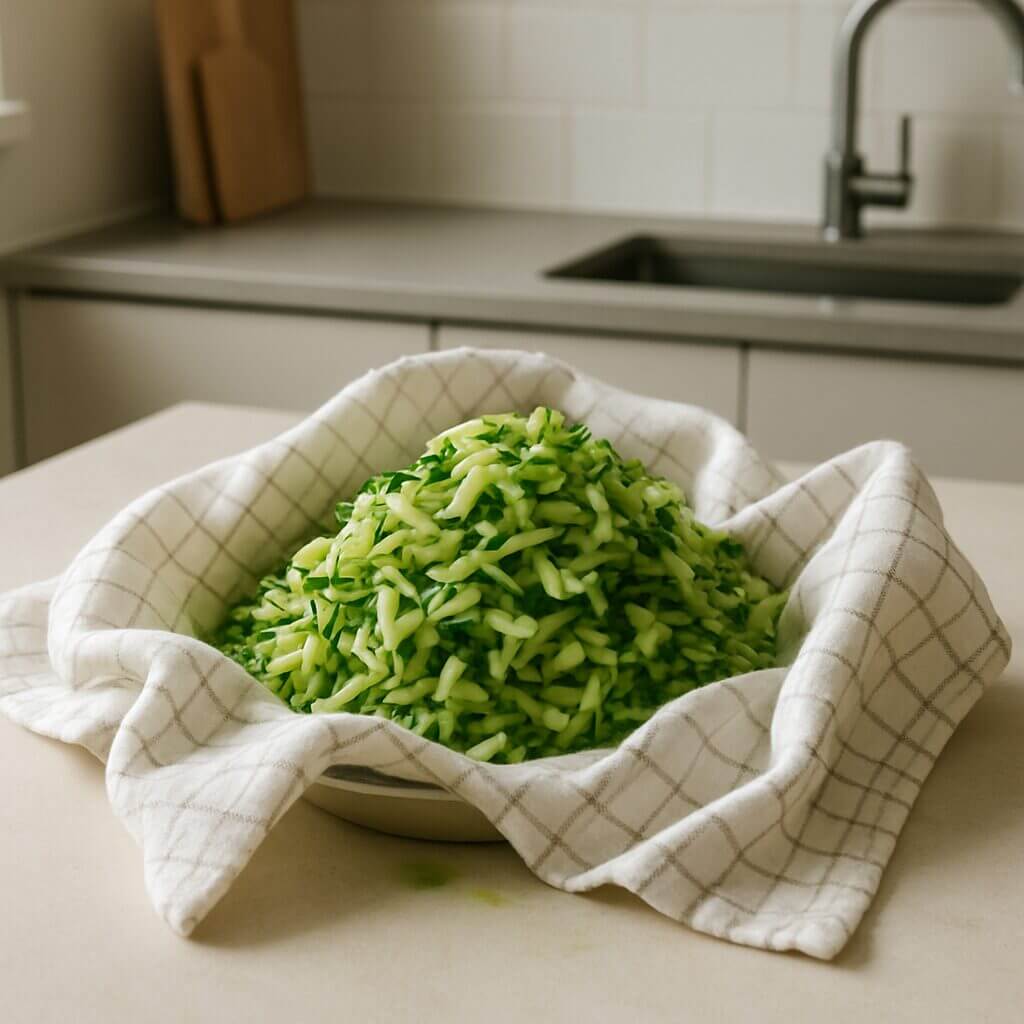 Revet zucchini i et lyst viskestykke klar til at blive presset tør til zucchinifritter i min airfryer