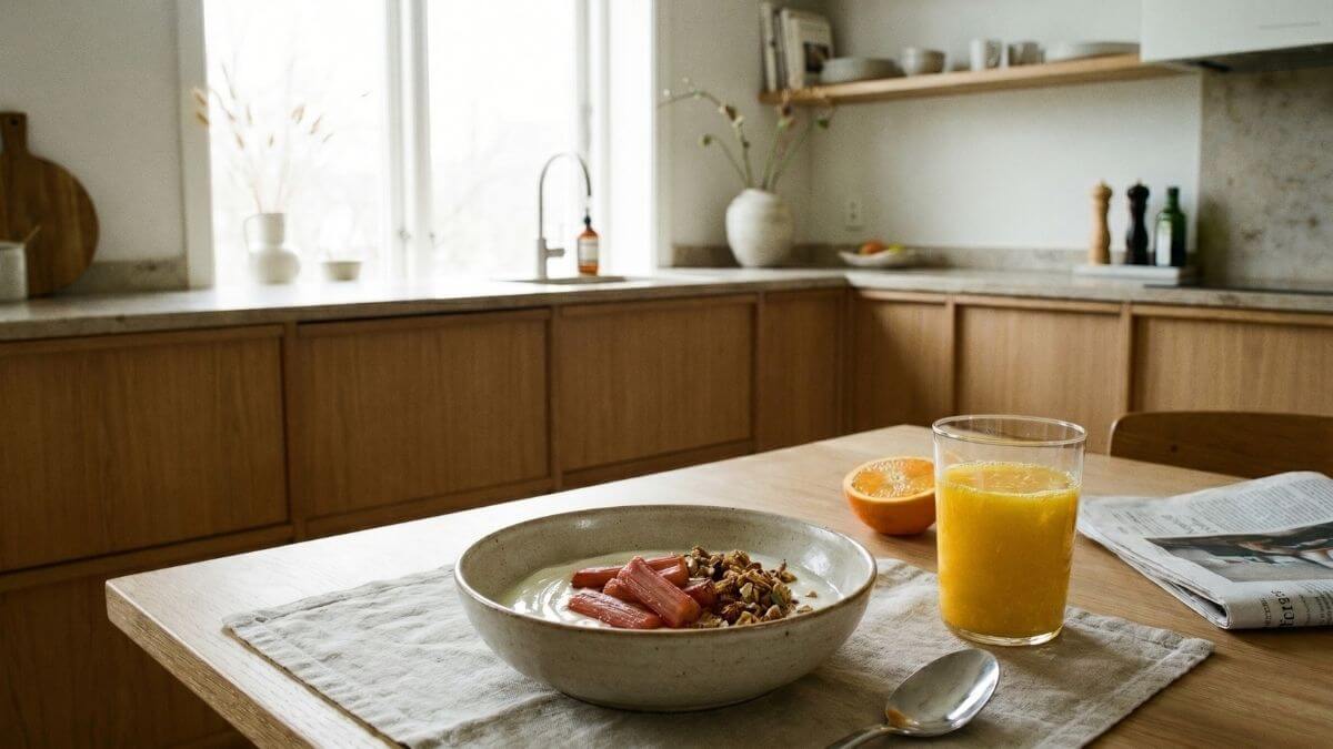 Lækker brunch. rabarberstykker med sukker og vanilje, Bagningen fremhæver den syrligt og søde smag og er god til vaniljeis eller Yoghurt med mere.