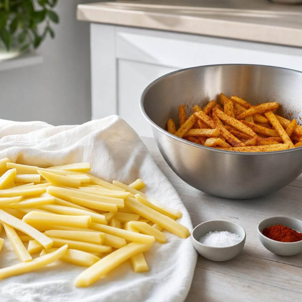 Kartoffelpommes tørres og blandes med salt og paprika til Fish and Chips i min airfryer
