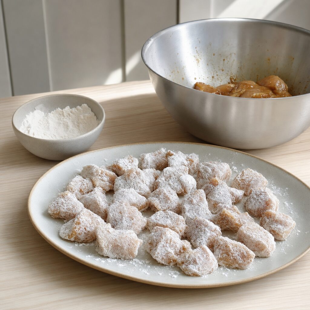 Marinerede kyllingebidder vendes i kartoffelmel og majsstivelse til Chicken Karaage i min airfryer opskrift