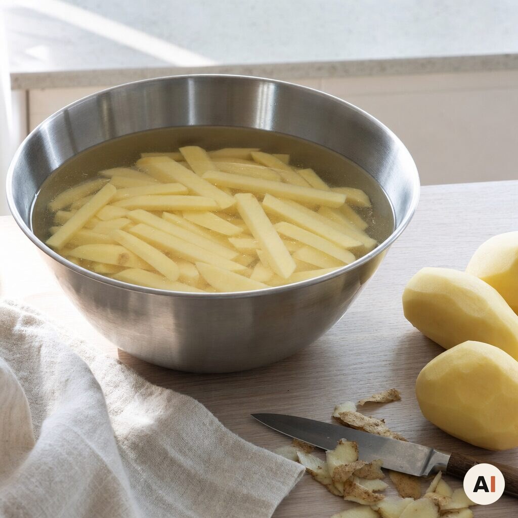 Bagekartofler skrællet og skåret til pommes i koldt vand til Fish and Chips i min airfryer