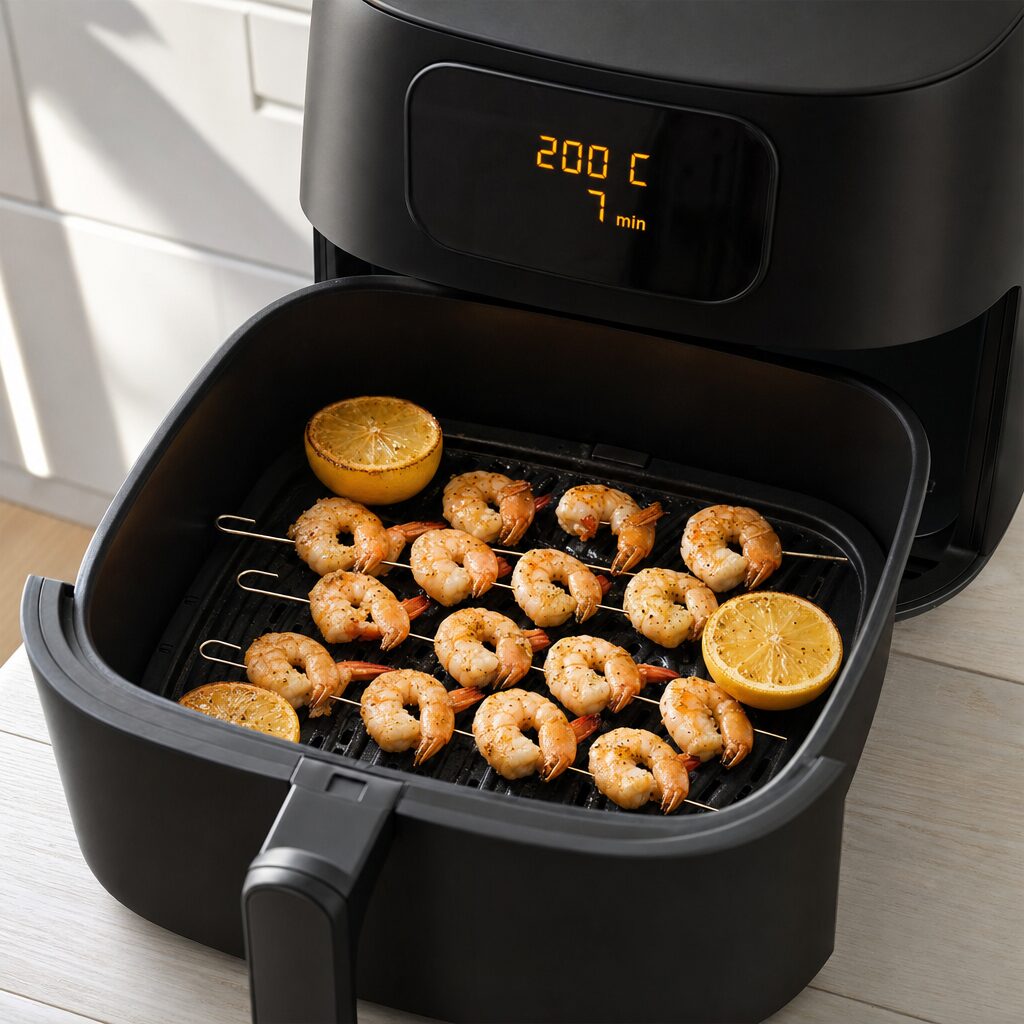 Rejespyd tilberedes og vendes halvvejs i min airfryer til tigerrejer