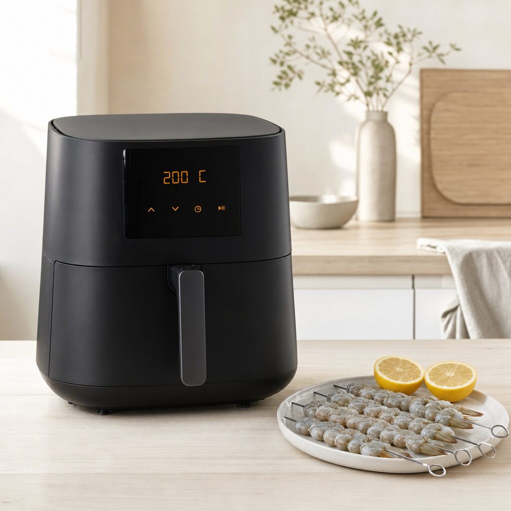 Airfryer forvarmes til 200 grader klar til tigerrejer i min airfryer