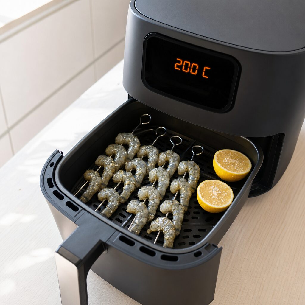 Rejespyd og citronhalvdele lægges i kurven klar til tigerrejer i min airfryer