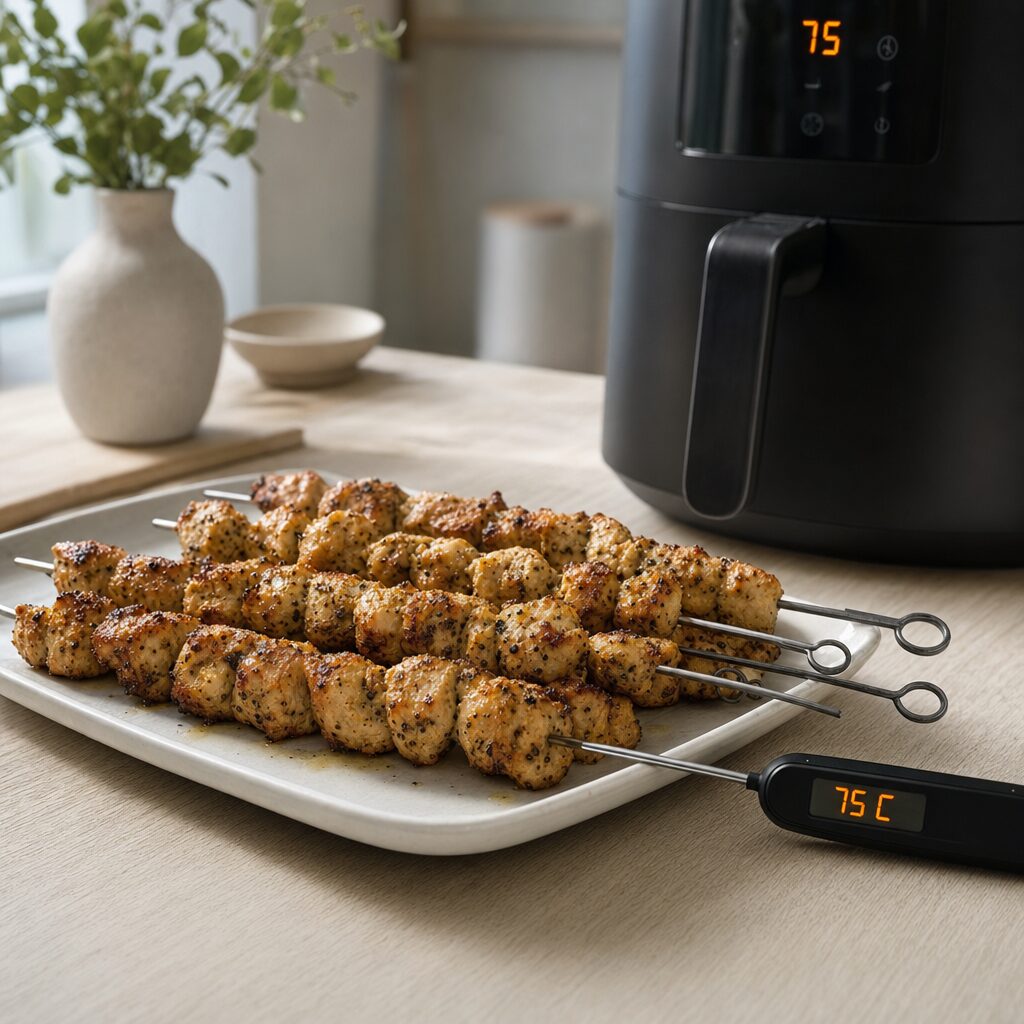 Kyllingespyd tjekkes med stegetermometer og hviler før servering til souvlaki i min airfryer