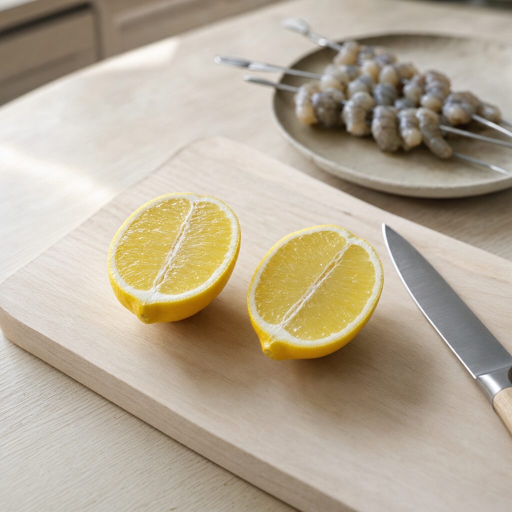 Citroner skæres på langs klar til bagning sammen med tigerrejer i min airfryer
