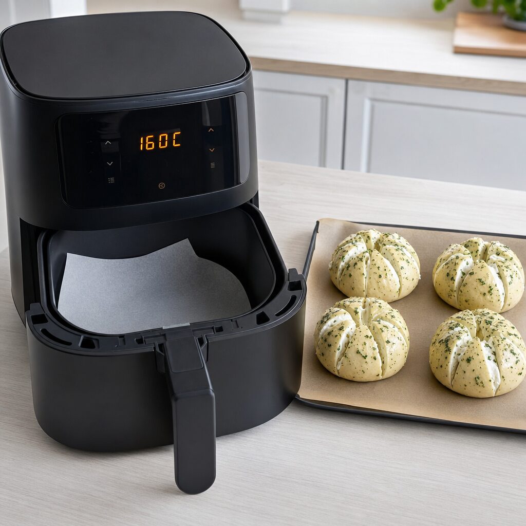 Airfryer forvarmes til 160 grader med bagepapir i kurven klar til koreanske hvidløgsbrød