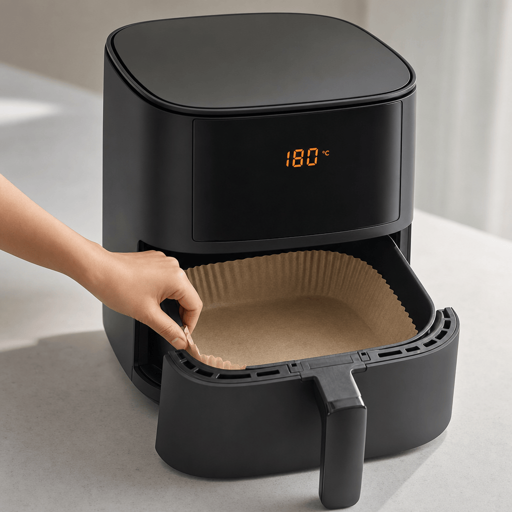 Bagepapir lægges i kurven i min airfryer, der forvarmes til 180 grader