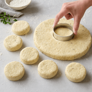 En dejplade på et meldrysset bord stikkes ud til otte scones