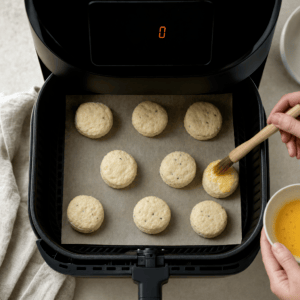 Scones placeres med afstand og pensles med æg i min airfryer