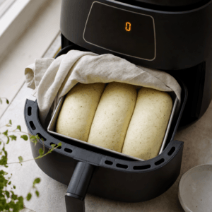 Tre dejruller efterhæver i en lille brødform i min airfryer