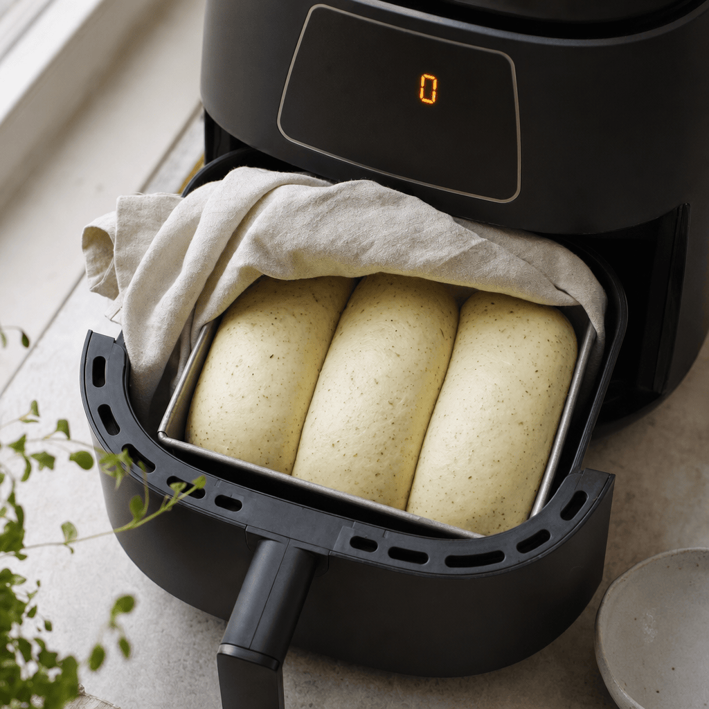 Tre dejruller efterhæver i en lille brødform i min airfryer
