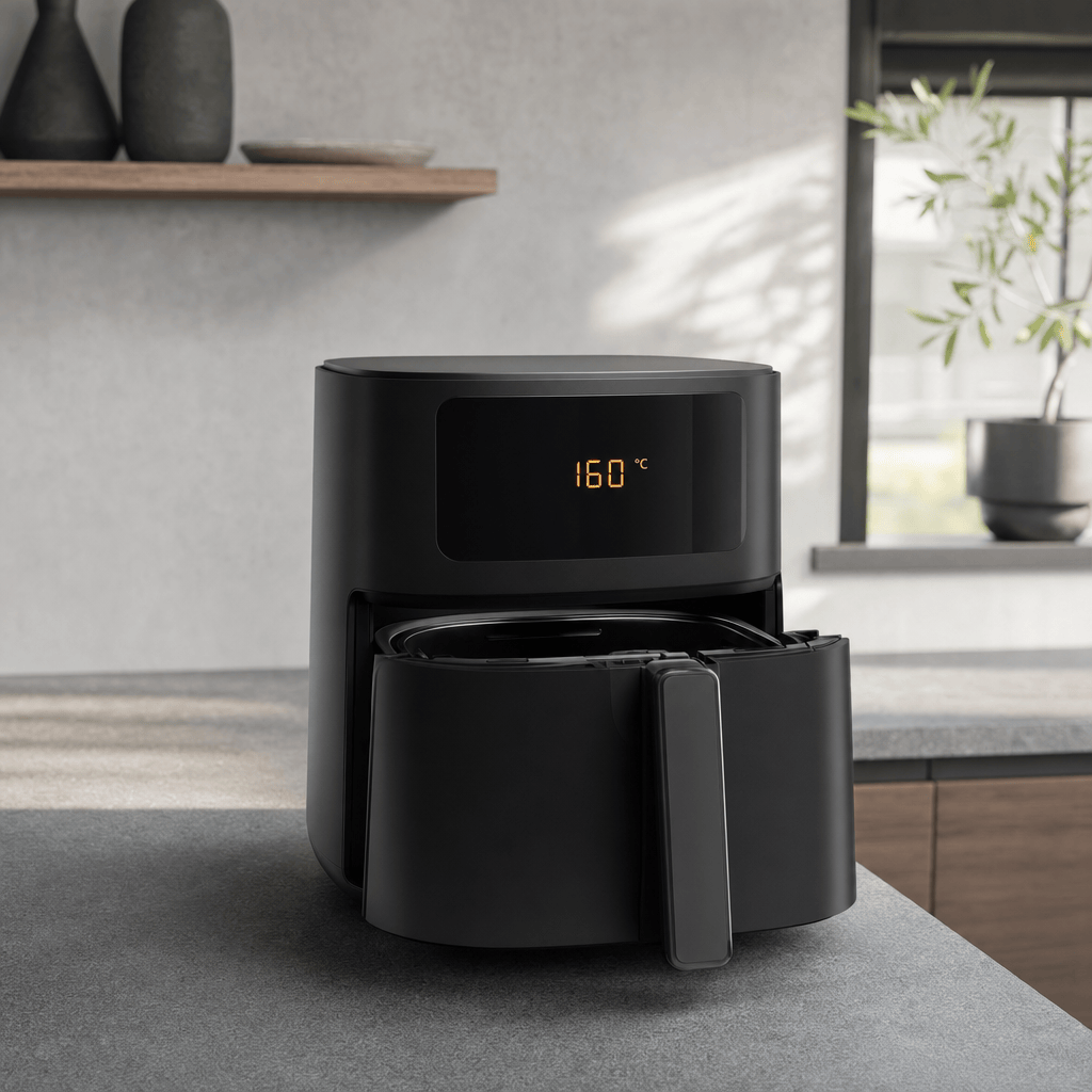 En mat sort airfryer forvarmes til 160 grader