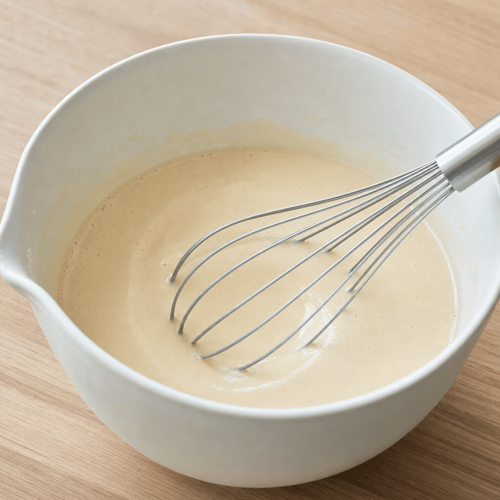 Hvedemel, salt, æg og mælk piskes til en tynd dej i en skål til min airfryer