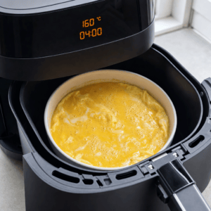 Piskede æg med skummende æggetekstur begynder at sætte sig i en lav form ved 160 grader i min airfryer