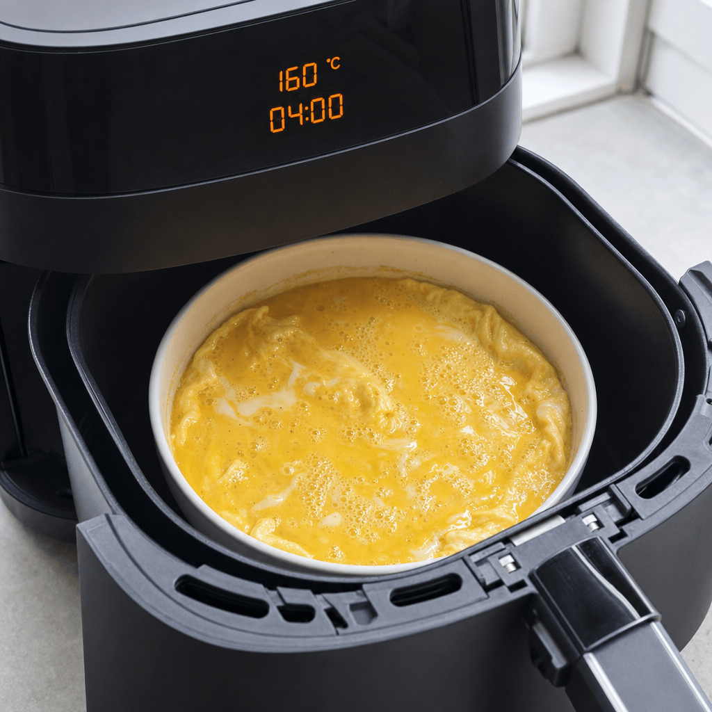 Piskede æg med skummende æggetekstur begynder at sætte sig i en lav form ved 160 grader i min airfryer