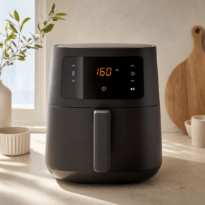 En mat sort airfryer forvarmes til 160 grader i min airfryer