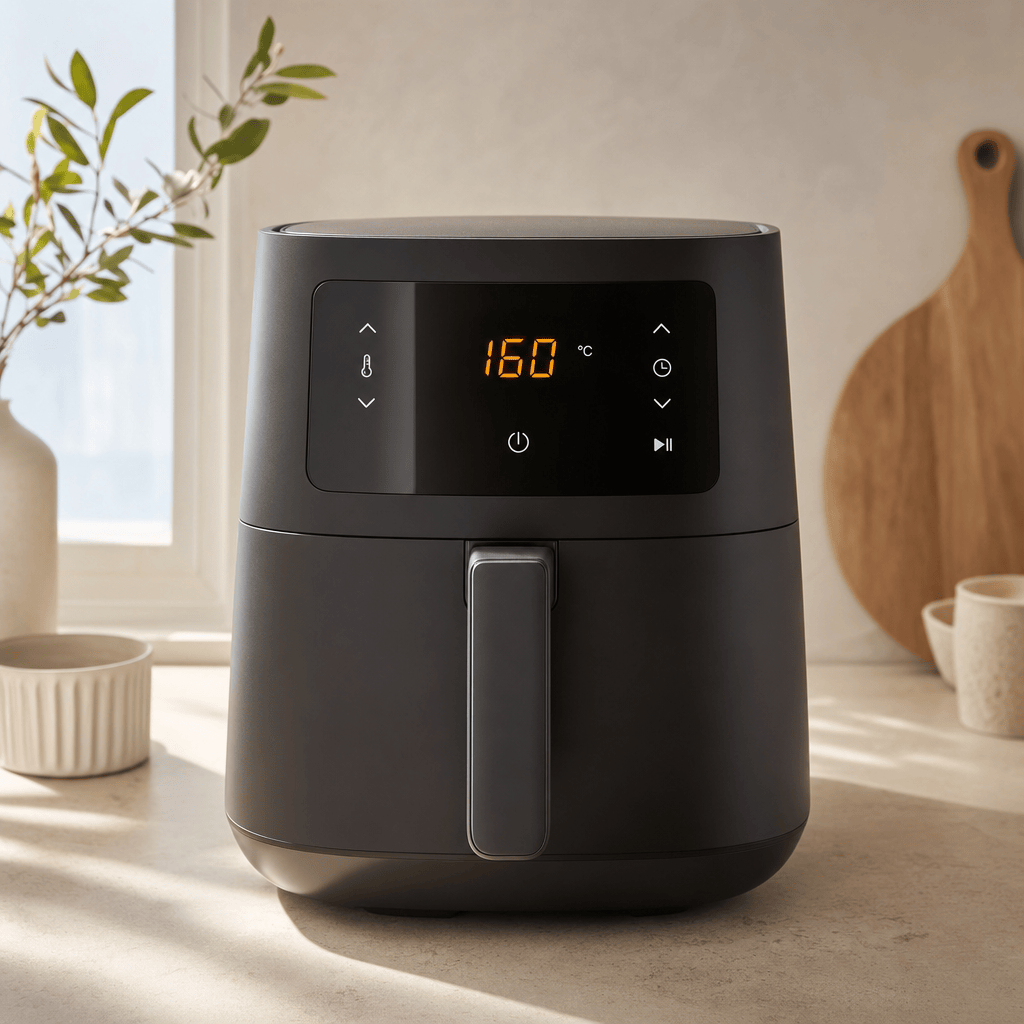 En mat sort airfryer forvarmes til 160 grader i min airfryer
