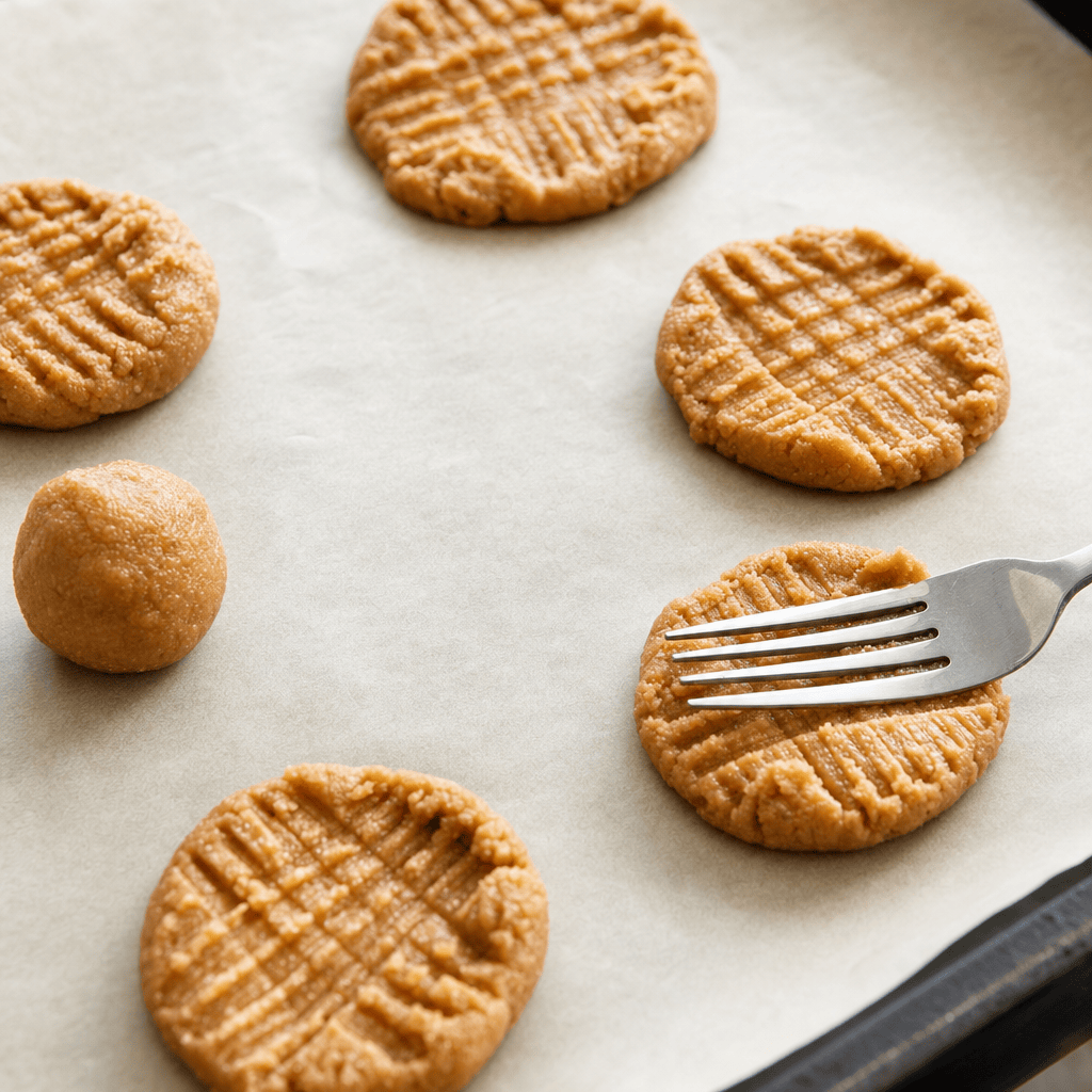 Rå peanutbutter-cookies formes flade med ternmønster