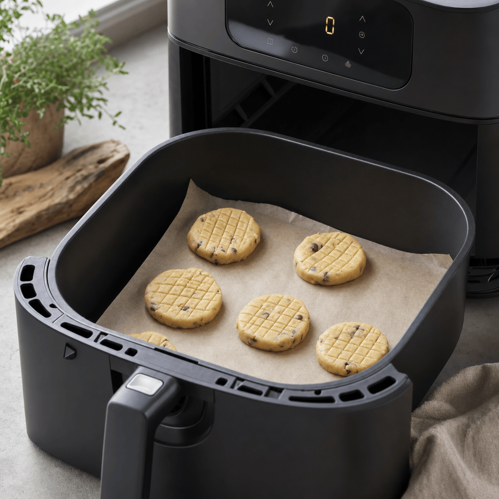 Rå cookies placeres med afstand i kurven i min airfryer