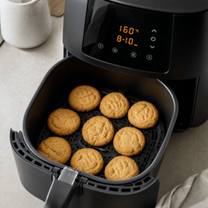 Nybagt peanutbutter-cookies med gyldne kanter i min airfryer
