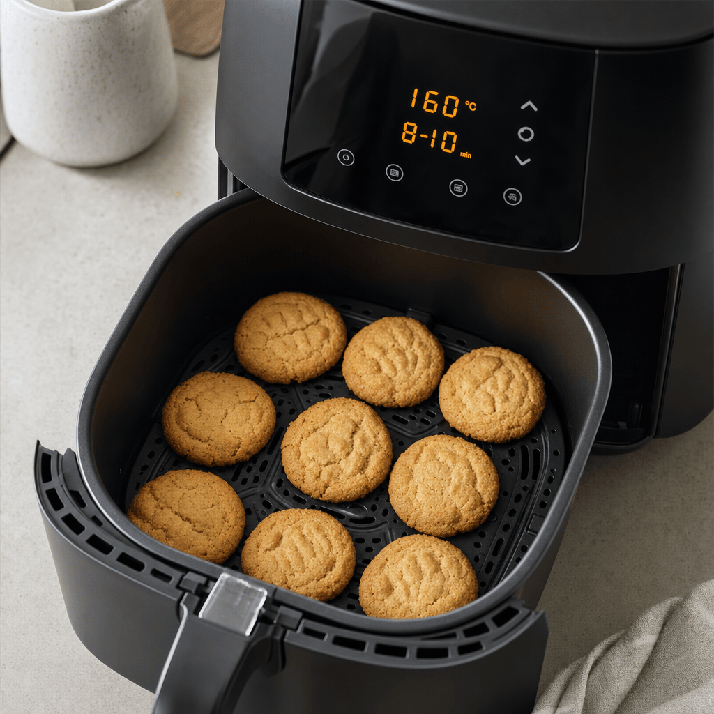 Nybagt peanutbutter-cookies med gyldne kanter i min airfryer