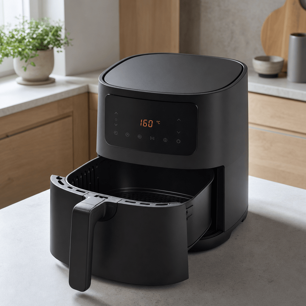 En mat sort airfryer forvarmes til 160 grader i min airfryer