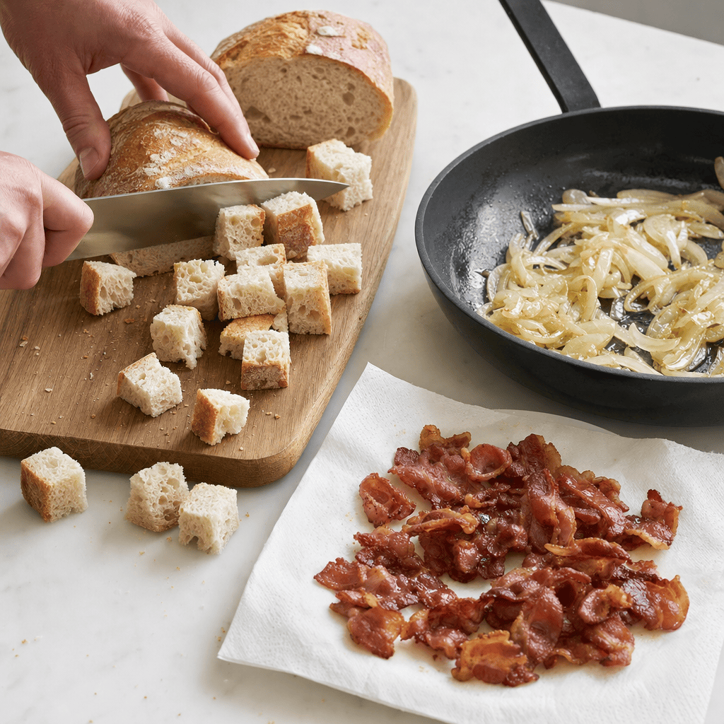 Хліб skæres i tern, bacon steges sprødt, og løg sauteres blødt