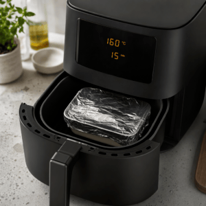 Den stannioldækkede form bages ved 160 grader i min airfryer i 15 minutter