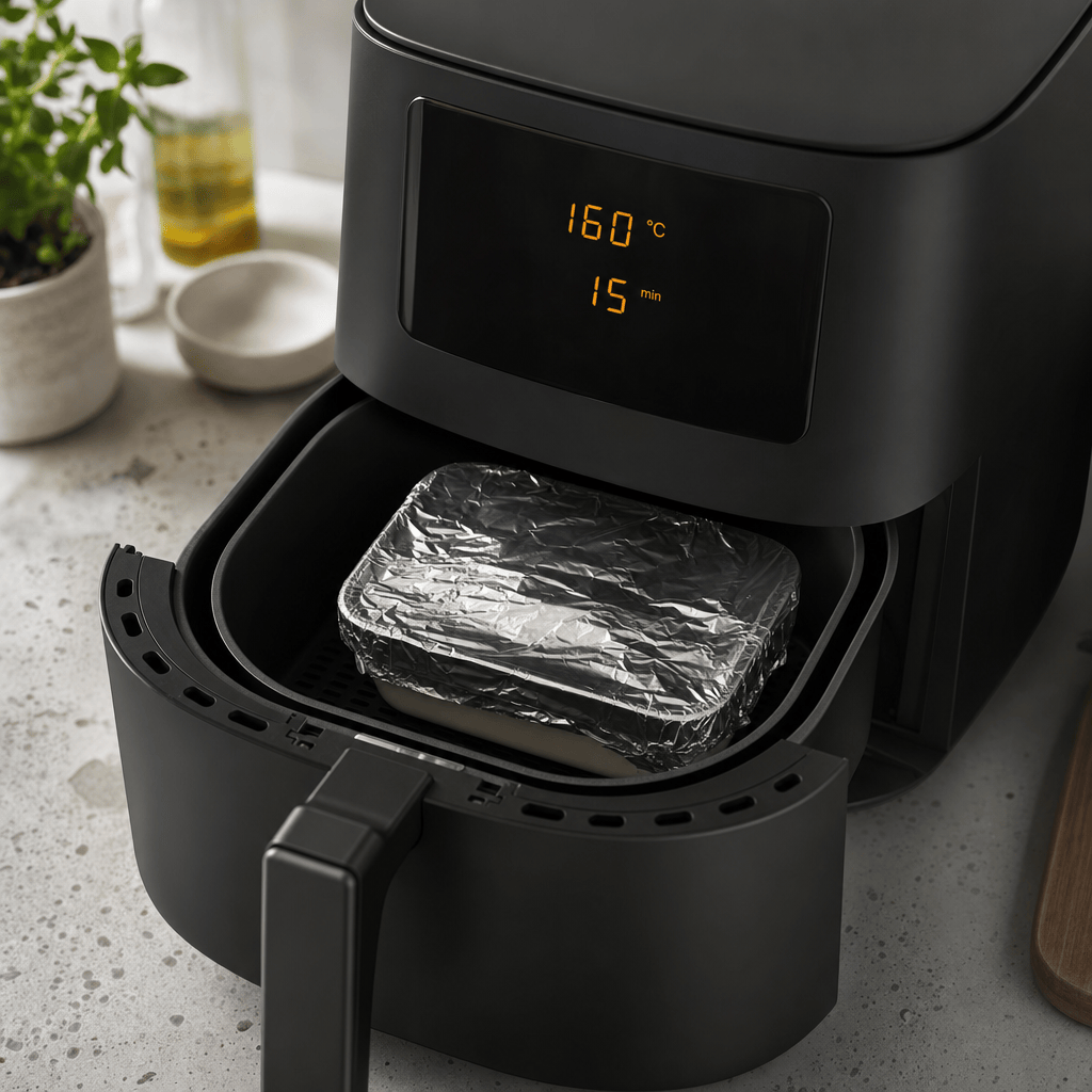 Den stannioldækkede form bages ved 160 grader i min airfryer i 15 minutter
