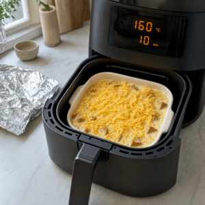Den stanniolfri strata dækkes med cheddar og bages videre ved 160 grader i min airfryer