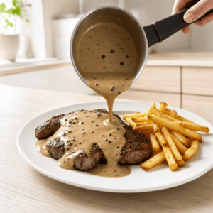 Peberbøf anrettes med varm pebersauce og pommes frites