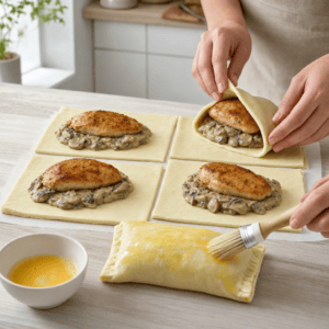 Kylling og svampesauce pakkes ind i butterdej