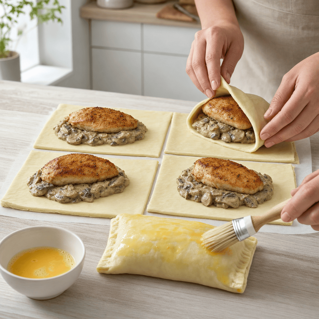 Kylling og svampesauce pakkes ind i butterdej
