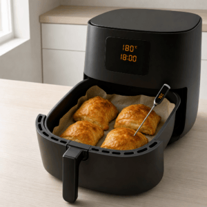 Indbagte kyllingestykker bages ved 180 grader i min airfryer