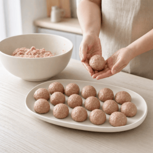 Kyllingefrikadeller formes og lægges på et fad