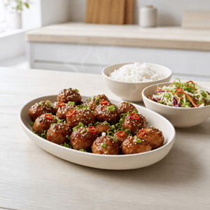 Glaserede kyllingefrikadeller serveres med ris og asiatisk salat