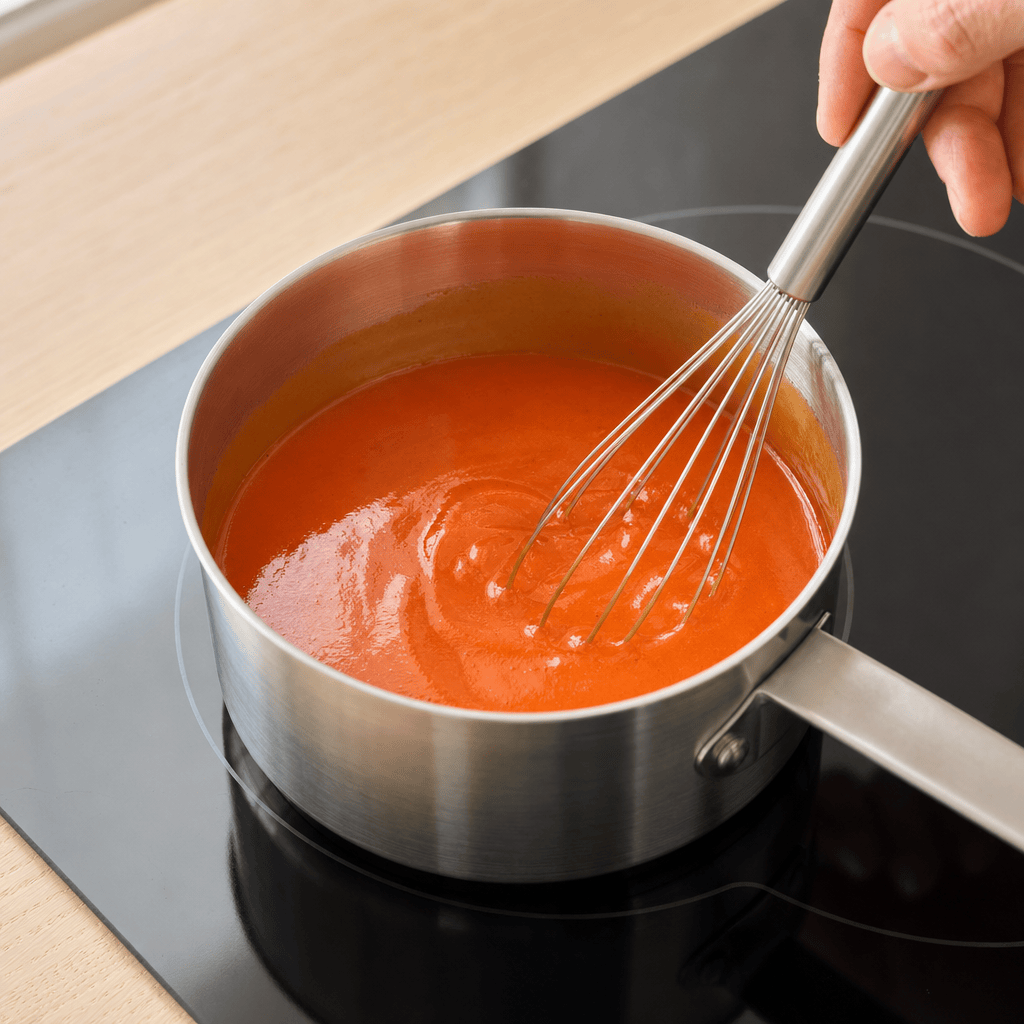 Buffalo-sauce piskes homogen og blank i en lille kasserolle