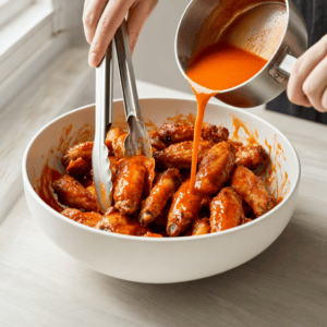 Varme kyllingevinger vendes grundigt i buffalo-sauce i en skål
