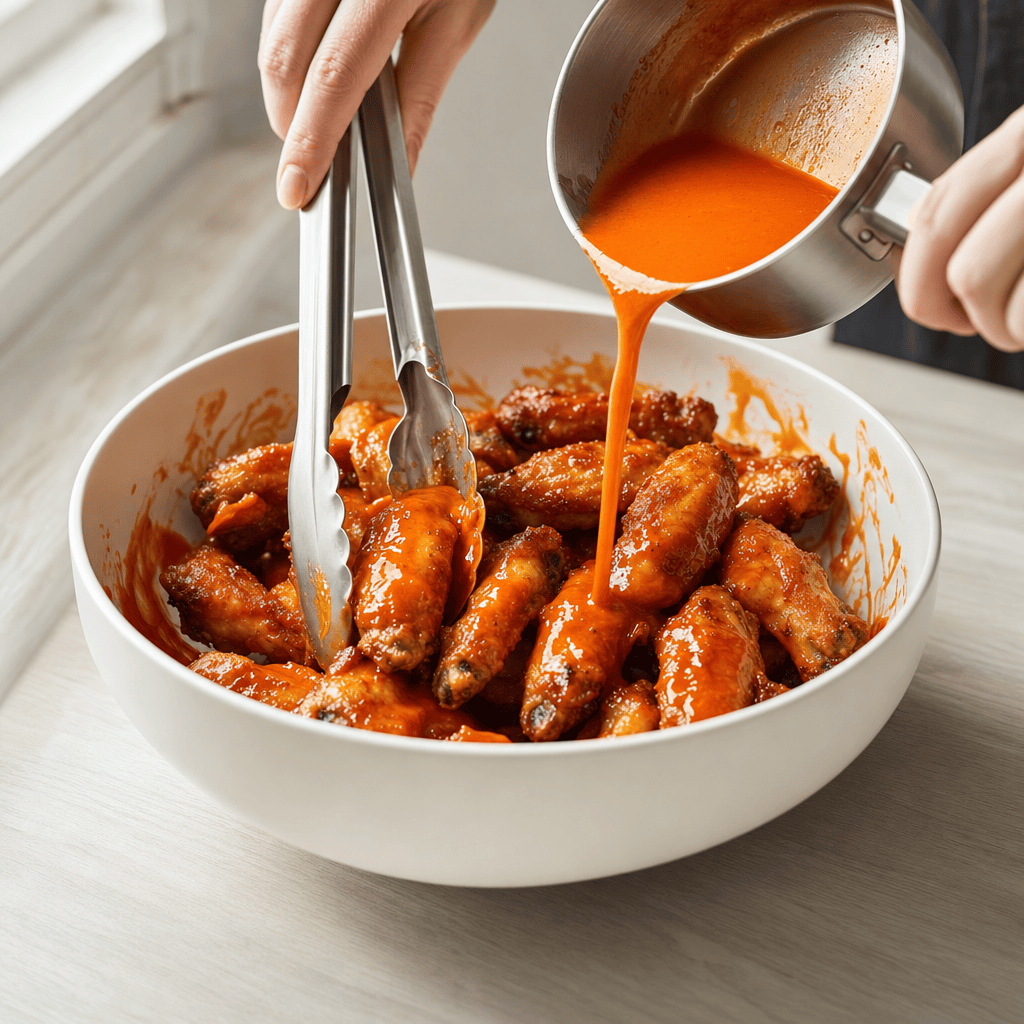 Varme kyllingevinger vendes grundigt i buffalo-sauce i en skål