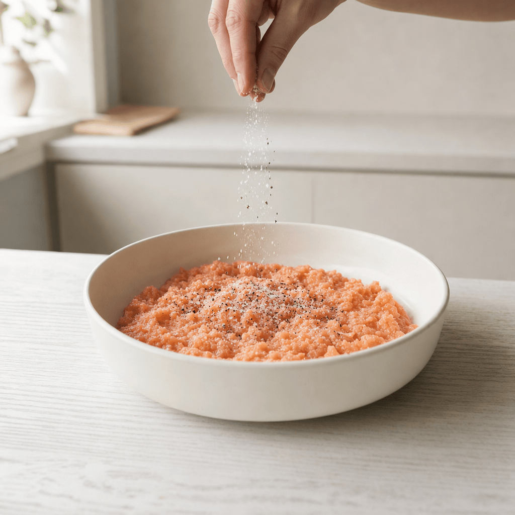 Laksefars krydres med salt og peber og hviler i en røreskål