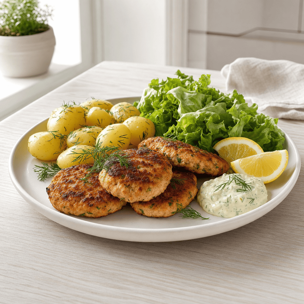 Lune laksefrikadeller serveres med kartofler, grøn salat og dip