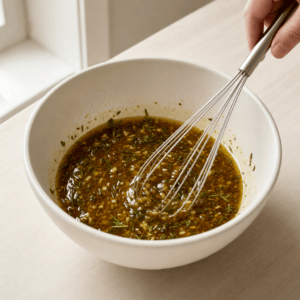 Balsamicomarinade piskes sammen i en skål