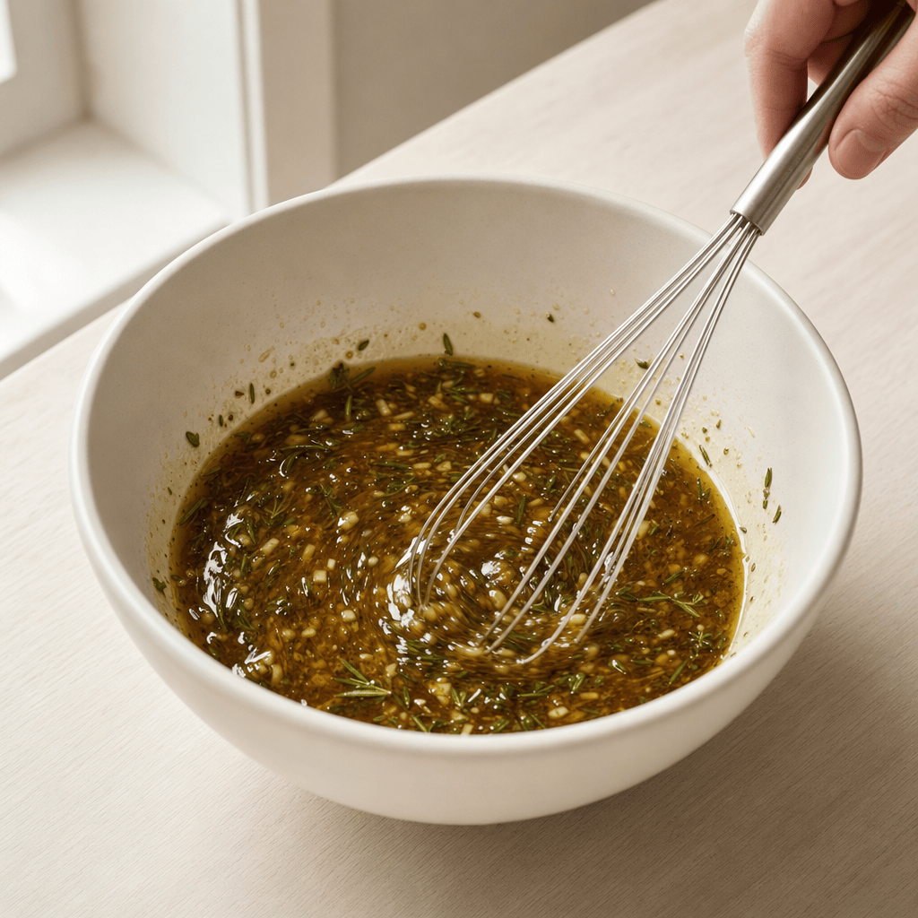 Balsamicomarinade piskes sammen i en skål